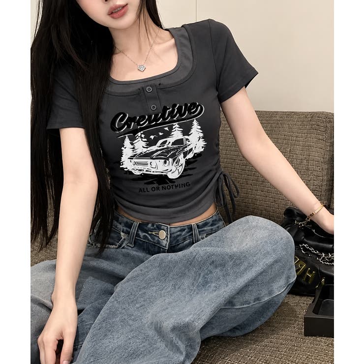 チャコールグレー | レイヤード風 ドロスト クロップド 半袖Tシャツ | VIVID LADY