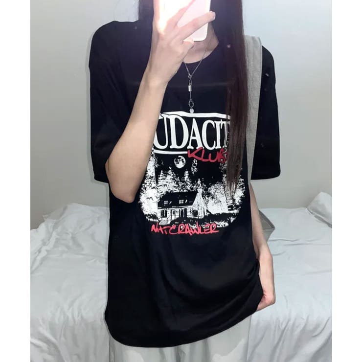 ブラック | モノクロフォトプリント オーバーサイズ 半袖Tシャツ | VIVID LADY
