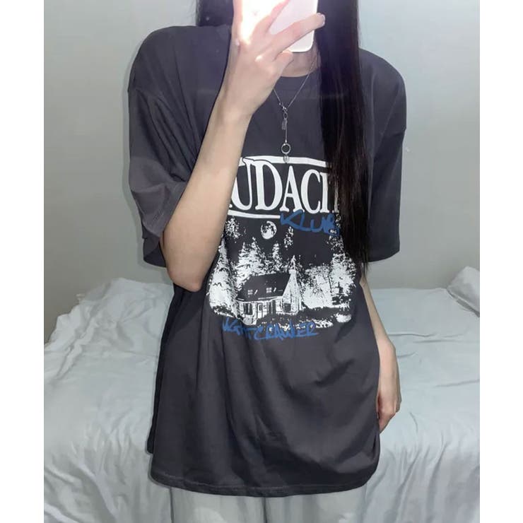 チャコールグレー | モノクロフォトプリント オーバーサイズ 半袖Tシャツ | VIVID LADY