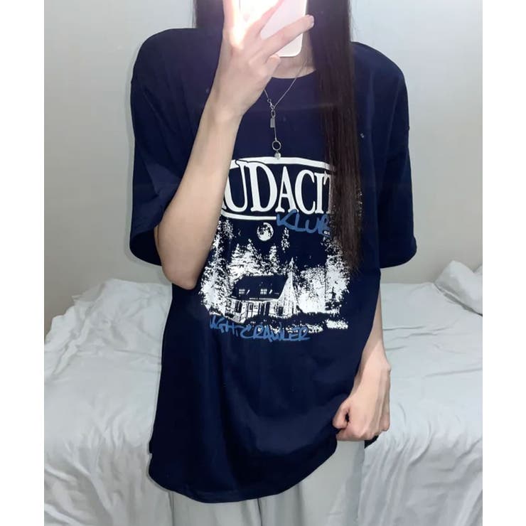 ネイビー | モノクロフォトプリント オーバーサイズ 半袖Tシャツ | VIVID LADY