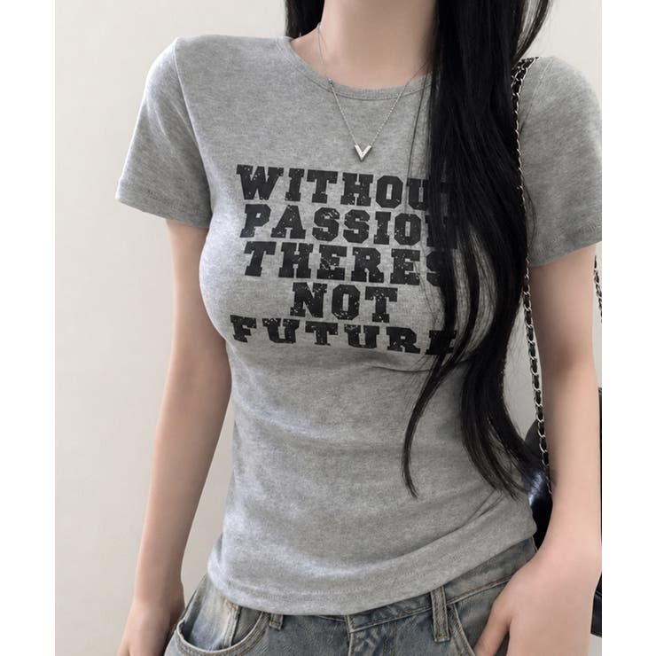 グレー | 英字プリント スリムフィット 半袖Tシャツ | VIVID LADY