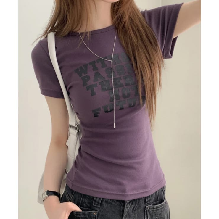 パープル | 英字プリント スリムフィット 半袖Tシャツ | VIVID LADY