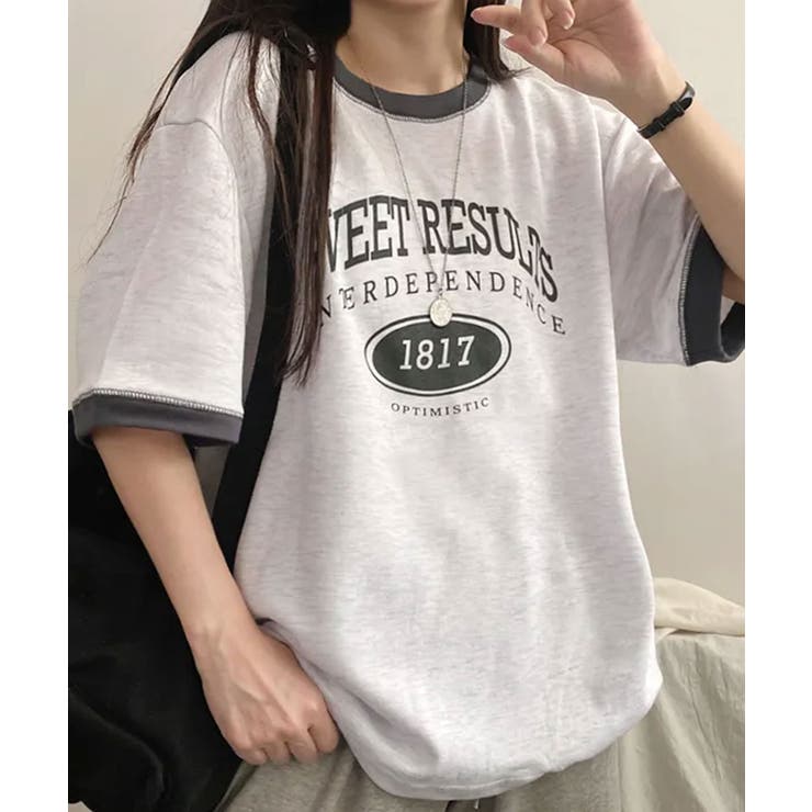 ライトグレー | バイカラー カレッジロゴ オーバーTシャツ | VIVID LADY