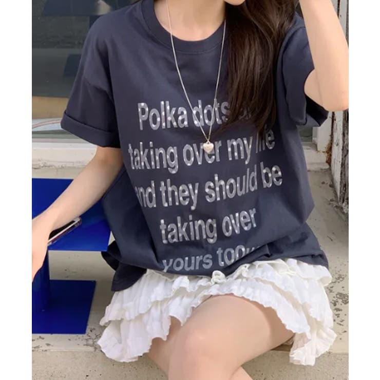 ネイビー | シルバードットロゴプリント オーバーサイズ 半袖Tシャツ | VIVID LADY