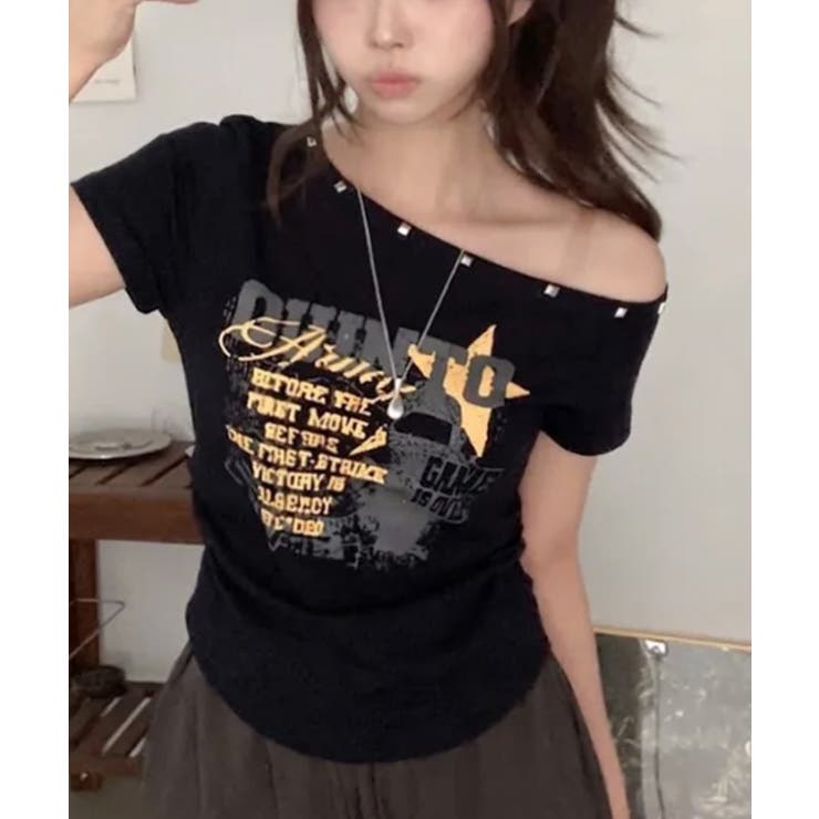 ネイビー | アシンメトリーメタルネック 半袖Tシャツ | VIVID LADY