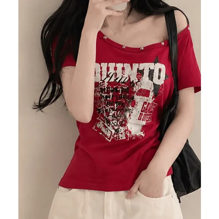 レッド | アシンメトリーメタルネック 半袖Tシャツ | VIVID LADY