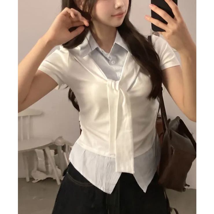 タイ付き レイヤード風 シャツドッキング半袖トップス | VIVID LADY | 詳細画像4 