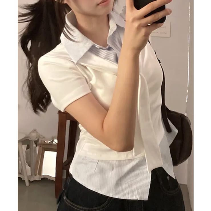 タイ付き レイヤード風 シャツドッキング半袖トップス | VIVID LADY | 詳細画像5 