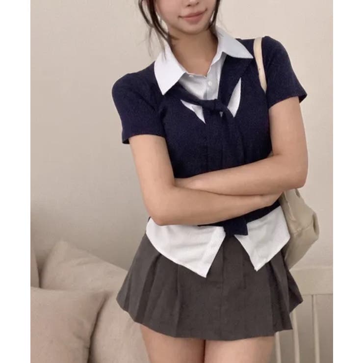 タイ付き レイヤード風 シャツドッキング半袖トップス | VIVID LADY | 詳細画像7 