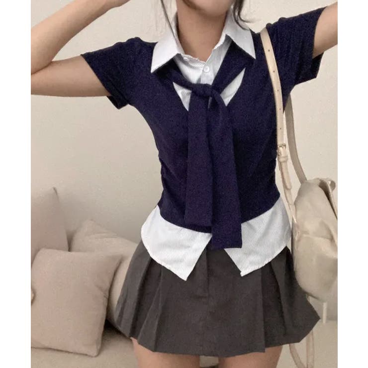 タイ付き レイヤード風 シャツドッキング半袖トップス | VIVID LADY | 詳細画像8 