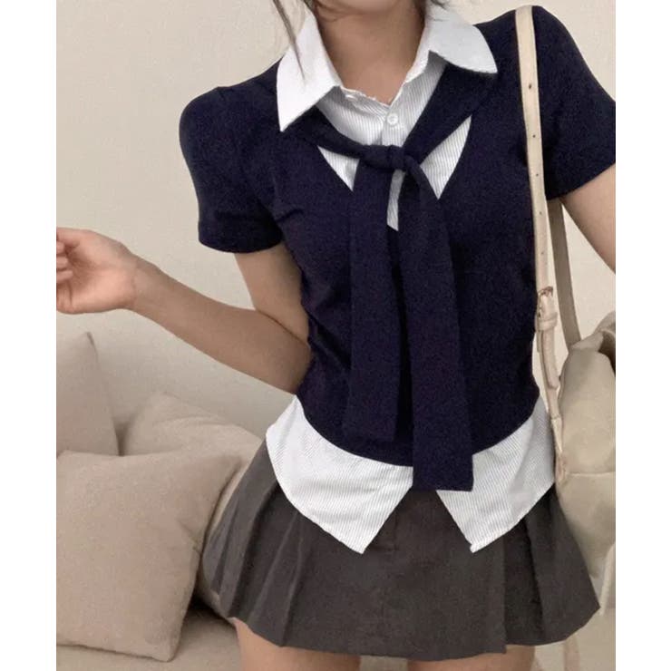 タイ付き レイヤード風 シャツドッキング半袖トップス | VIVID LADY | 詳細画像9 