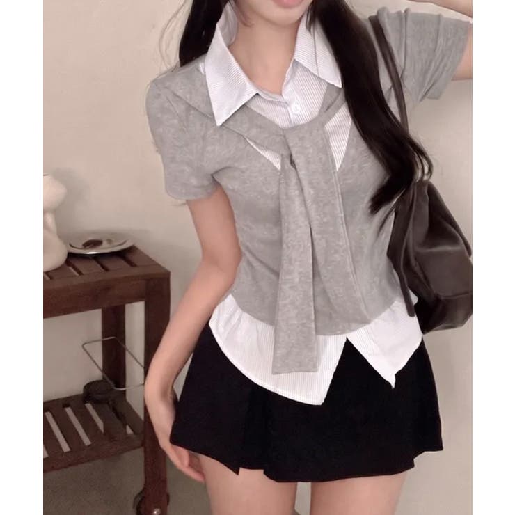 タイ付き レイヤード風 シャツドッキング半袖トップス | VIVID LADY | 詳細画像11 