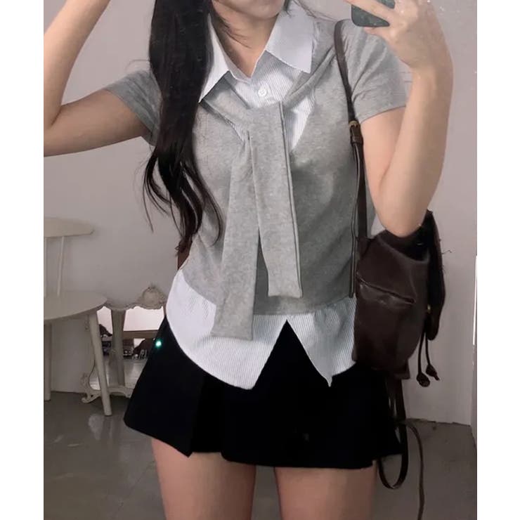 タイ付き レイヤード風 シャツドッキング半袖トップス | VIVID LADY | 詳細画像15 