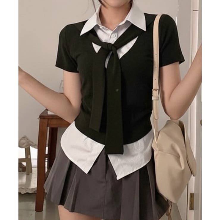 タイ付き レイヤード風 シャツドッキング半袖トップス | VIVID LADY | 詳細画像17 