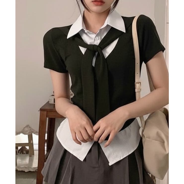 タイ付き レイヤード風 シャツドッキング半袖トップス | VIVID LADY | 詳細画像18 