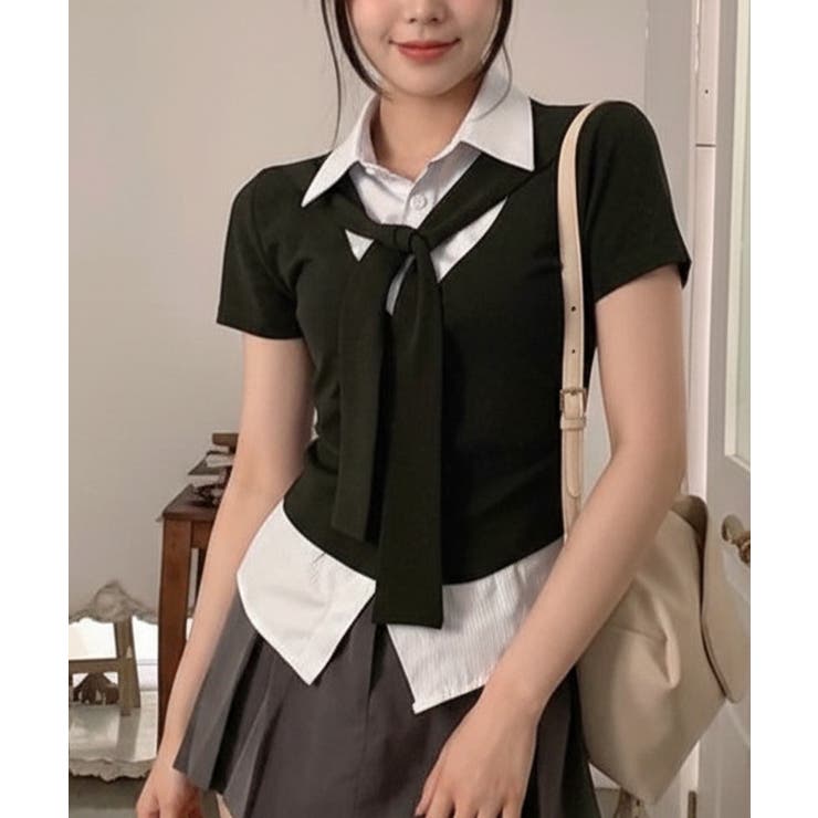 タイ付き レイヤード風 シャツドッキング半袖トップス | VIVID LADY | 詳細画像19 