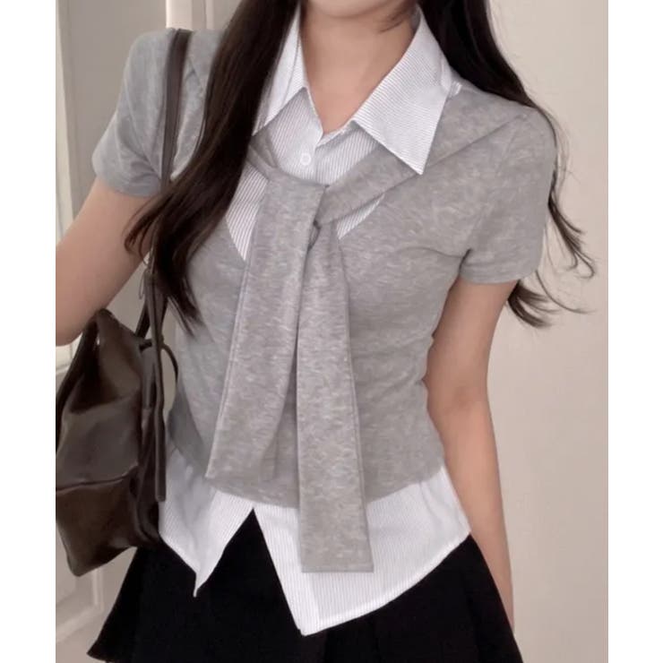 グレー | タイ付き レイヤード風 シャツドッキング半袖トップス | VIVID LADY