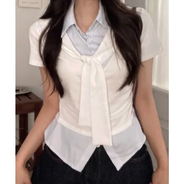 アイボリー | タイ付き レイヤード風 シャツドッキング半袖トップス | VIVID LADY