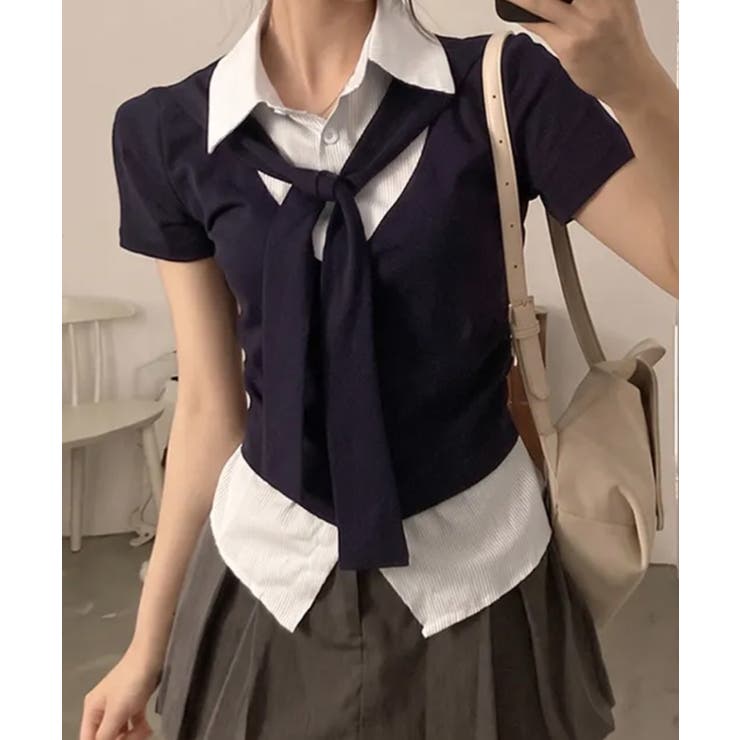 ネイビー | タイ付き レイヤード風 シャツドッキング半袖トップス | VIVID LADY