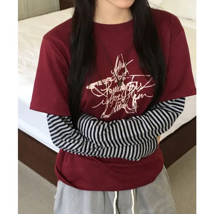 スタープリント ボーダーフェイクレイヤード長袖Tシャツ | VIVID LADY | 詳細画像2 