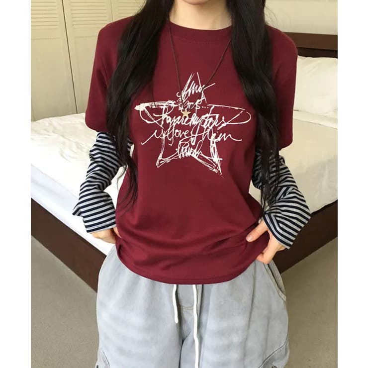 スタープリント ボーダーフェイクレイヤード長袖Tシャツ | VIVID LADY | 詳細画像5 