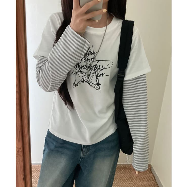 スタープリント ボーダーフェイクレイヤード長袖Tシャツ | VIVID LADY | 詳細画像15 