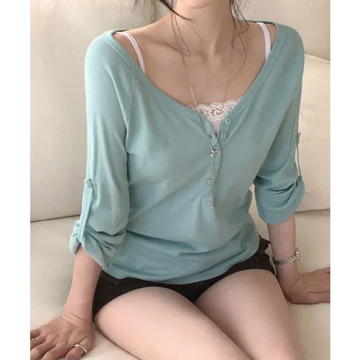 ミント | 2WAYロールアップスリーブ ヘンリーネックロングTシャツ | VIVID LADY