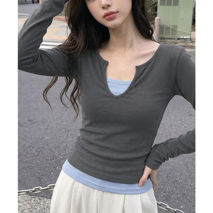 バイカラー フェイクレイヤードスリム長袖トップス | VIVID LADY | 詳細画像10 