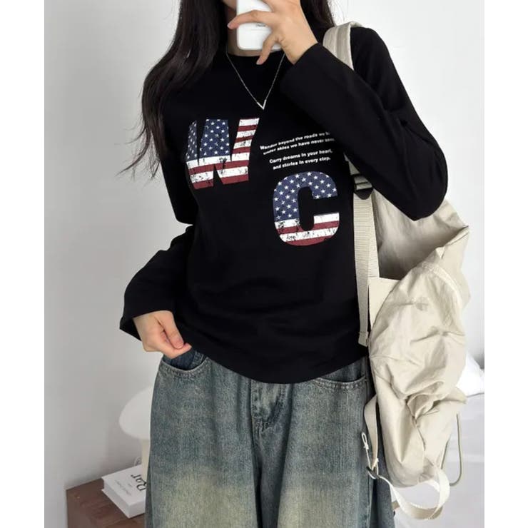 ブラック | アメリカンロゴプリント ロングスリーブTシャツ | VIVID LADY