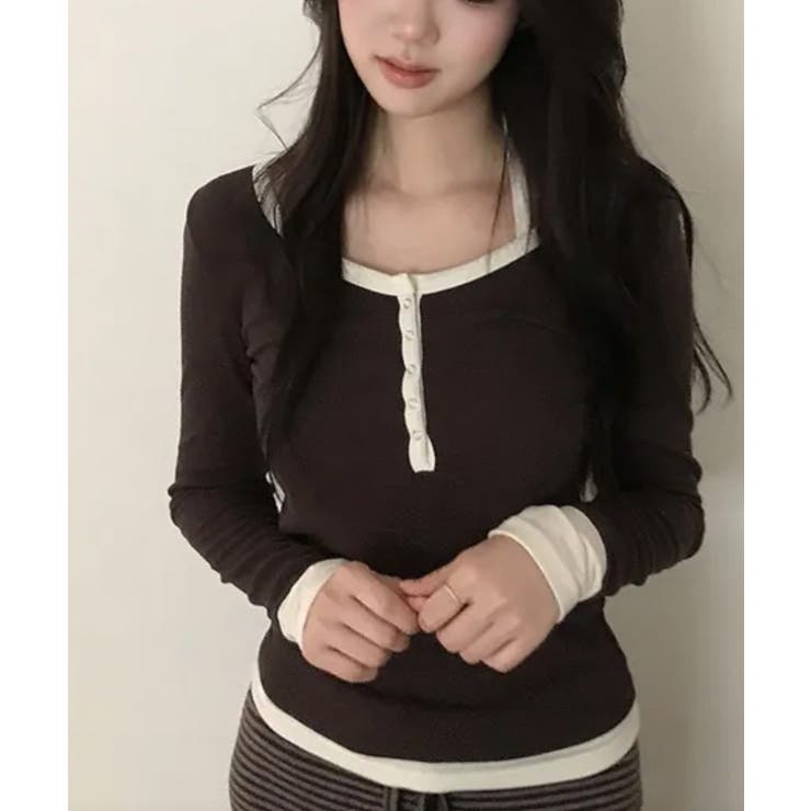 ホルターネックドッキング 配色ヘンリーネック長袖トップス | VIVID LADY | 詳細画像11 