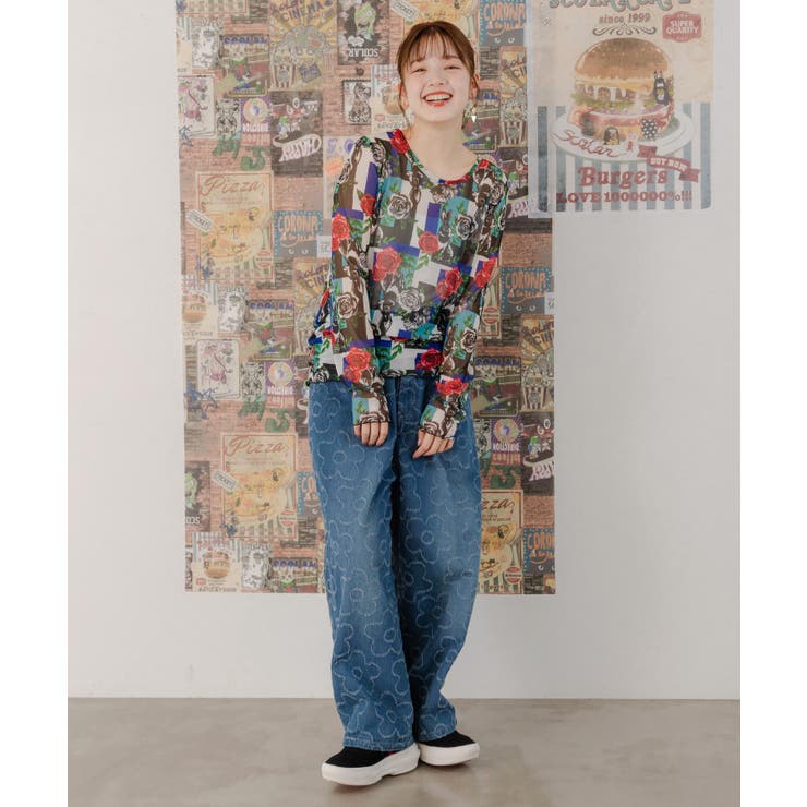 蝶花ネコとウサギ 3柄展開チュールロングスリーブTシャツ[品番