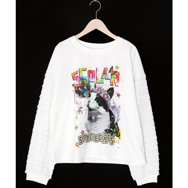 ScoLar - Scolar 宇宙ネコ柄フリル袖 切替プルオーバー スカラー ScoLar 宇宙ネコ柄フリル袖 切替プルオーバー （オフ