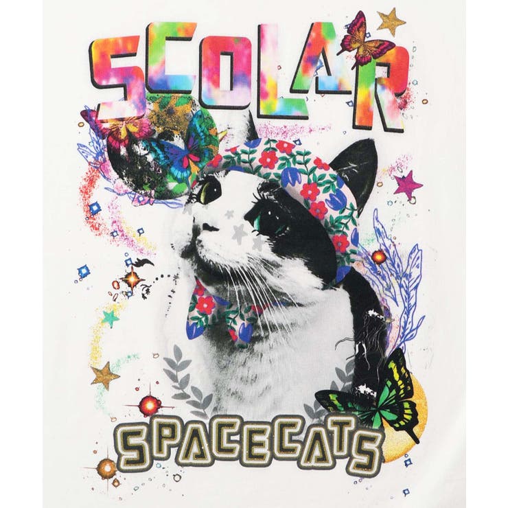 宇宙ネコ柄フリル袖 切替プルオーバー[品番：SRSW0000015