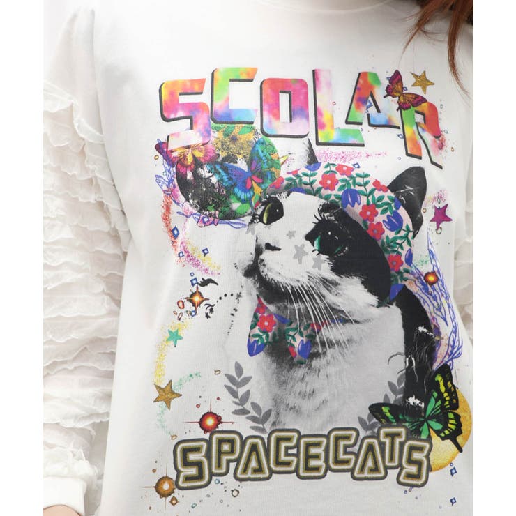 ScoLar - Scolar 宇宙ネコ柄フリル袖 切替プルオーバー 宇宙ネコ柄フリル袖 切替プルオーバー[品番：SRSW0000015
