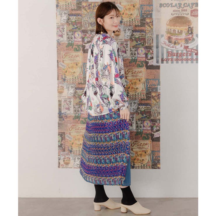scolar スカラー　151627：蝶ネコ・小花柄 異素材切替プリーツスカート 蝶ネコ・小花柄 異素材切替プリーツスカート[品番：SRSW0000020