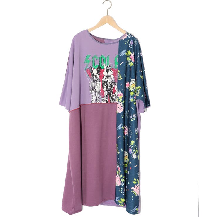 ロック×花柄切替 パッチワーク風ワンピース[品番：SRSW0000026
