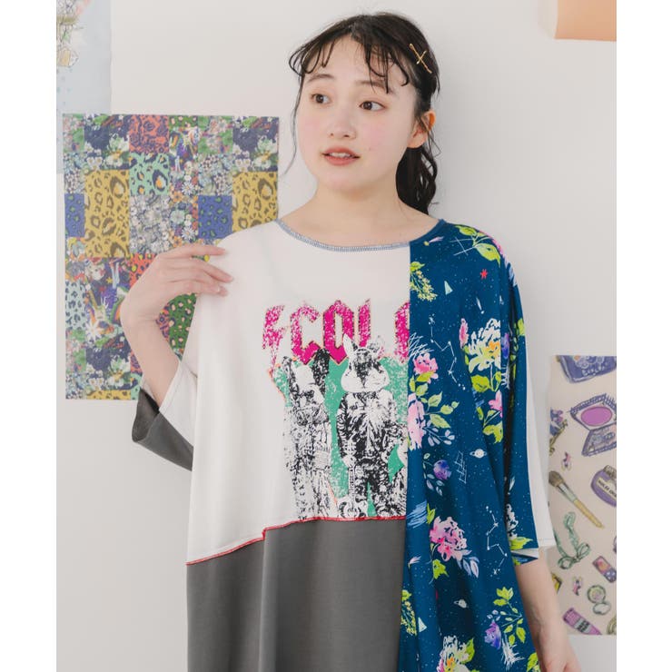 ロック×花柄切替 パッチワーク風ワンピース[品番：SRSW0000026
