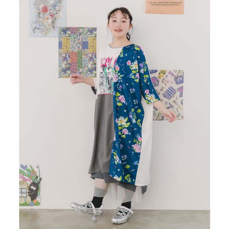 ロック×花柄切替 パッチワーク風ワンピース[品番：SRSW0000026