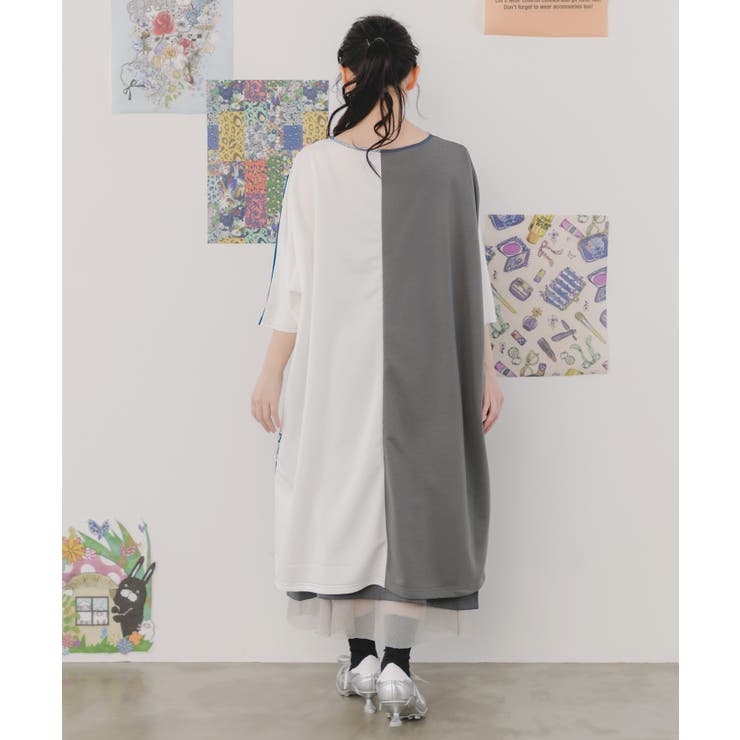 ワンピース schokola様 551245：花蝶アート柄切替ワンピースの通販-ScoLar