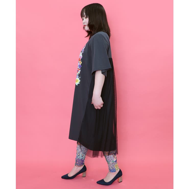 スカラー×コラージュ柄 チュール重ねワンピース[品番