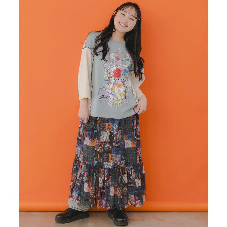 スカラー / スカラーちゃんと花 バイカラー7分袖Tシャツ スカラー ScoLar スカラーちゃんと花 バイカラー7分袖Tシャツ