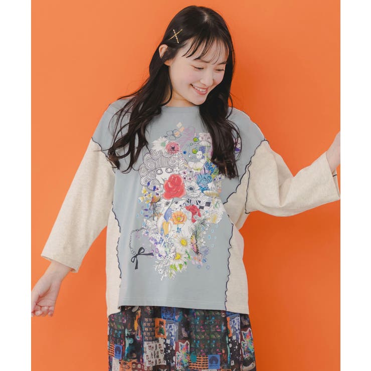 スカラー / スカラーちゃんと花 バイカラー7分袖Tシャツ スカラーちゃんと花 バイカラー7分袖Tシャツ[品番：SRSW0000037