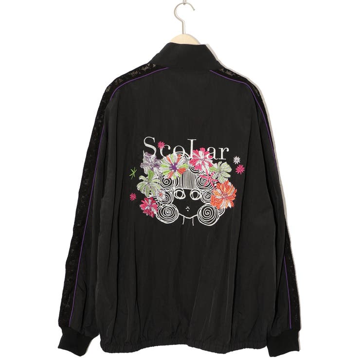 iS ScoLar ブラック　薔薇　刺繍　レース　ゆったり　ロング　ブルゾン スカラー刺繍レース切替ブルゾン[品番：SRSW0000042]｜ScoLar