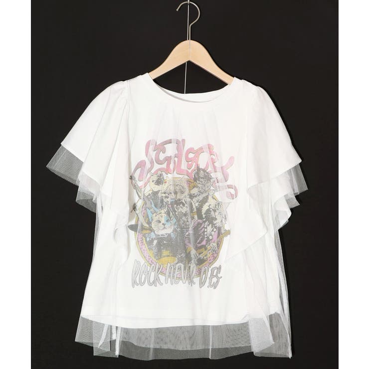 ロックなキャッツ柄 チュール重ねTシャツ[品番：SRSW0000048