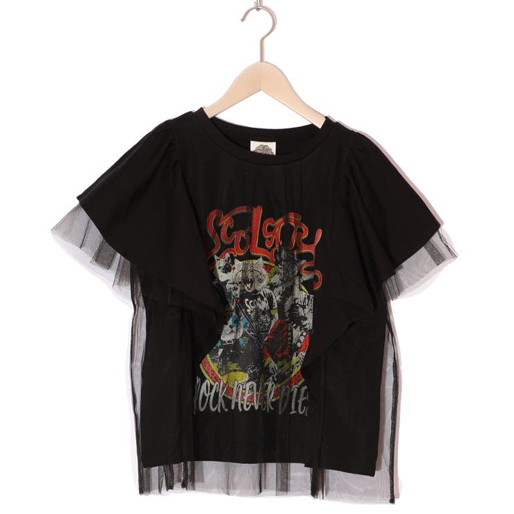 Tシャツ SALE ScoLar スカラー 151670 ロックなキャッツ柄 チュール重ねTシャツ トップス カジュアル ガーリー 原宿系 個性的 ロックなキャッツ柄 チュール重ねTシャツ[品番：SRSW0000048