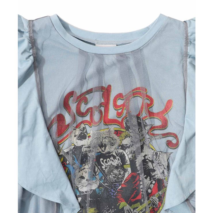 ロックなキャッツ柄 チュール重ねTシャツ[品番：SRSW0000048