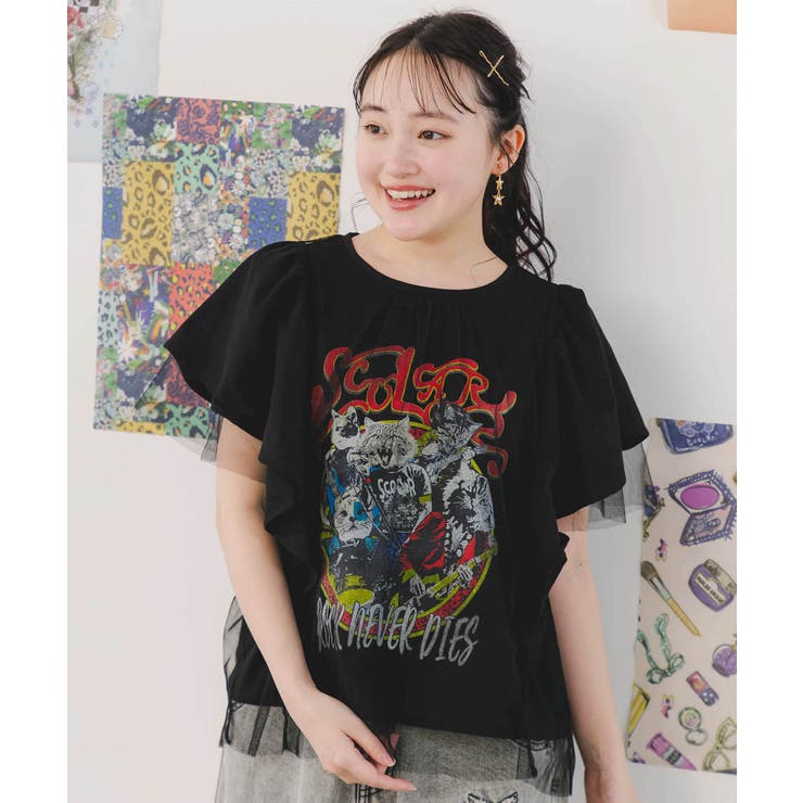 ロックなキャッツ柄 チュール重ねTシャツ[品番：SRSW0000048
