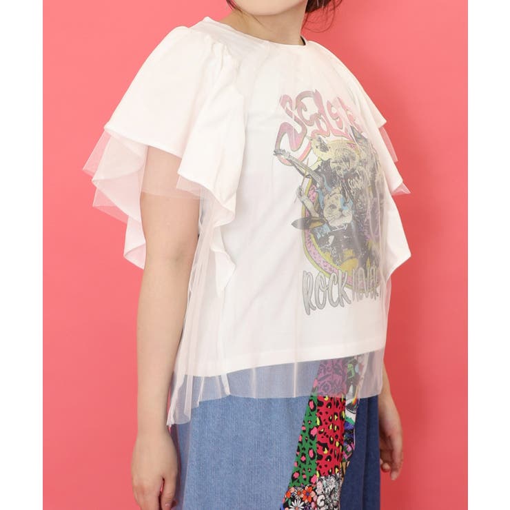 ロックなキャッツ柄 チュール重ねTシャツ[品番：SRSW0000048