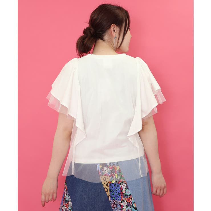 Tシャツ SALE ScoLar スカラー 151670 ロックなキャッツ柄 チュール重ねTシャツ トップス カジュアル ガーリー 原宿系 個性的 ScoLar Tシャツ SALE スカラー 151670 ロックなキャッツ柄