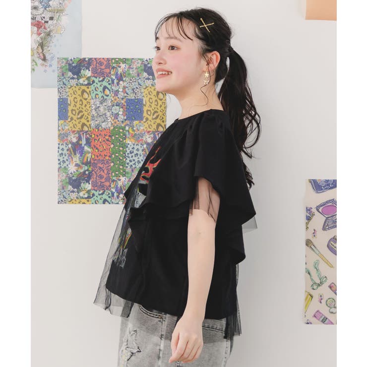 ロックなキャッツ柄 チュール重ねTシャツ[品番：SRSW0000048